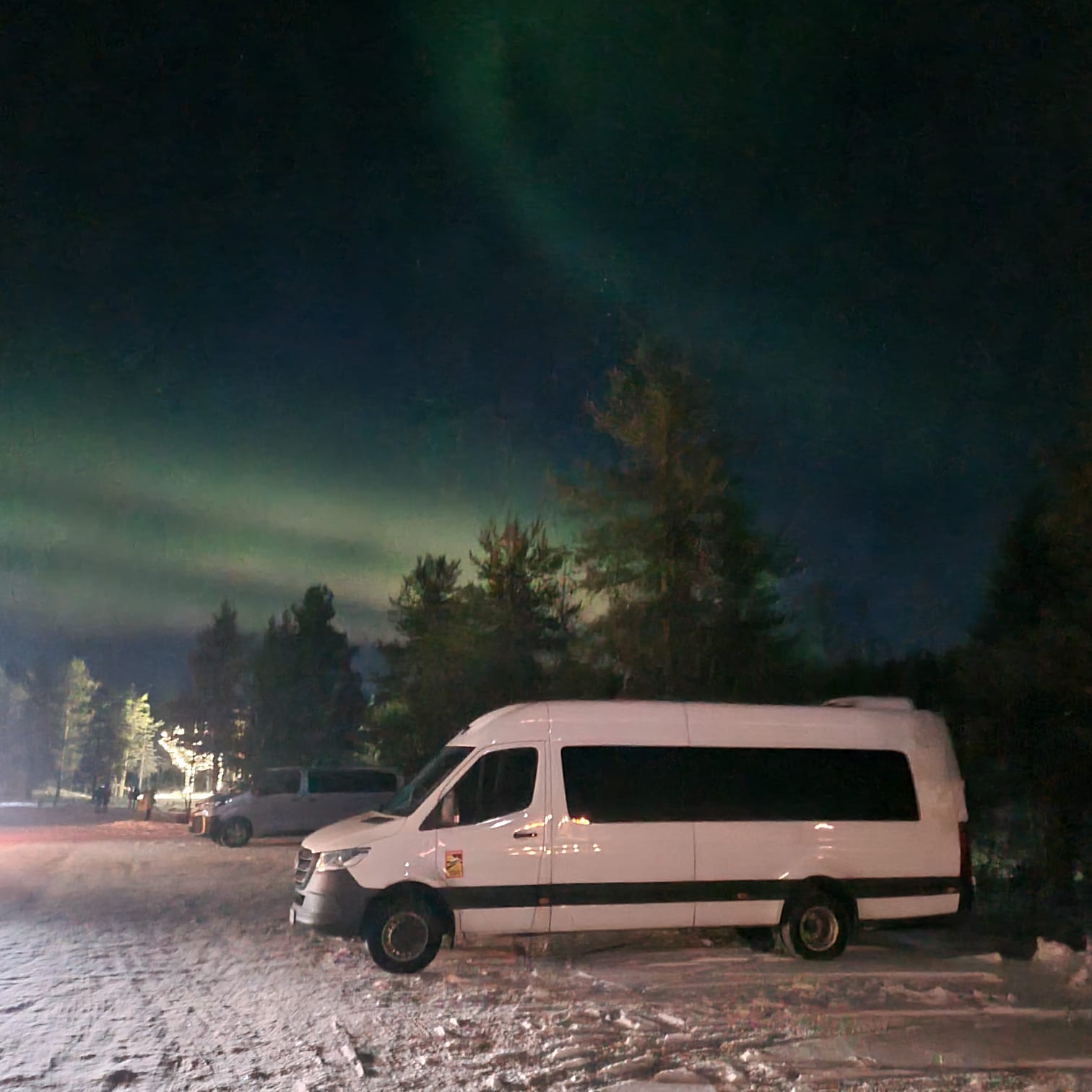 White Sprinter minibus under northern sky